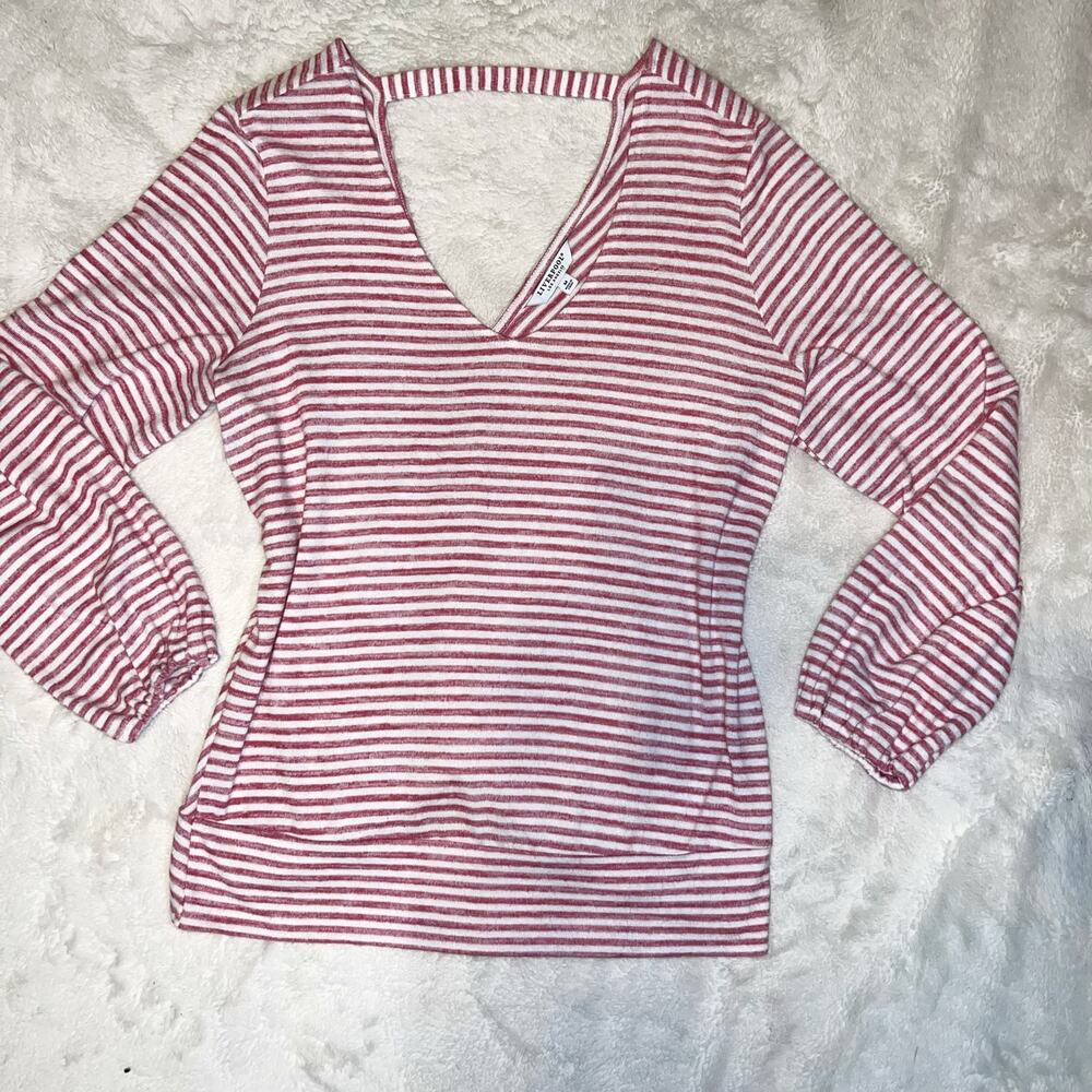 Liverpool Soft Red White Striped V-Neck Light Cottagecore Long Sleeve Top Size M